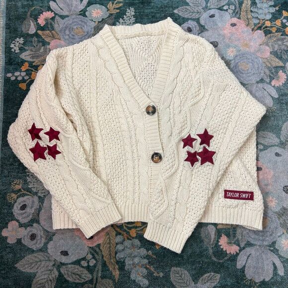Taylor Swift Sweater M/L Large Cream Red Folklore-Era Cardigan Cable Knit Star - Picture 5 of 12